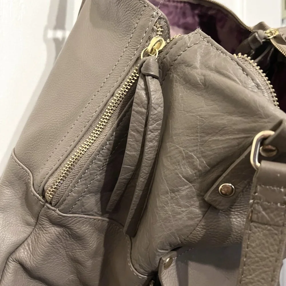KOOBA Large Taupe Leather Purse-2 Straps-Soft-Gold-Purple Lining-Expands-Hobo